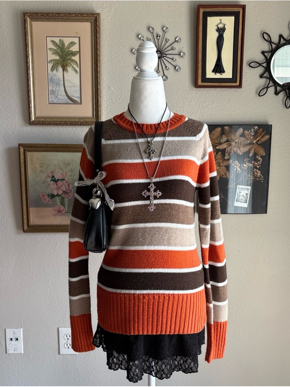 Striped Crewneck Sweater in Orange, Brown & Cream